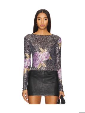 Free People Printed Gold Rush Sequin Top Long Sleeve Amethyst Combo L NWOT
